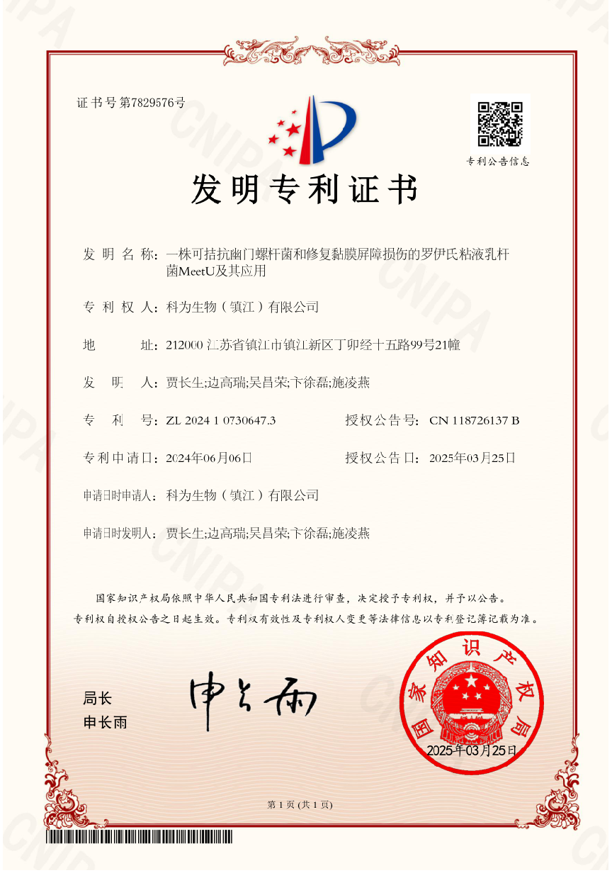 一株可拮抗幽门螺杆菌和修复黏膜屏障损伤的罗伊氏粘液乳杆菌Meet U及其应用